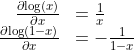 \begin{array}{rl}
\frac{\partial{\log(x)}}{\partial{x}} &= \frac{1}{x}\\
\frac{\partial{\log(1-x)}}{\partial{x}} &= -\frac{1}{1-x}
\end{array}