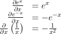\begin{array}{rl}
\frac{\partial{e^x}}{\partial{x}} &= e^x\\
\frac{\partial{e^{-x}}}{\partial{x}} &= -e^{-x}\\
\frac{\partial}{\partial{x}} \left(\frac{1}{x}\right) &= -\frac{1}{x^2}
\end{array}