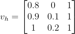 v_h = \begin{bmatrix}
0.8 & 0 & 1 \\
0.9 & 0.1 & 1 \\
1 & 0.2 & 1 \\
\end{bmatrix} v_h = \begin{bmatrix}
0.8 & 0 & 1 \\
0.9 & 0.1 & 1 \\
1 & 0.2 & 1 \\
\end{bmatrix}